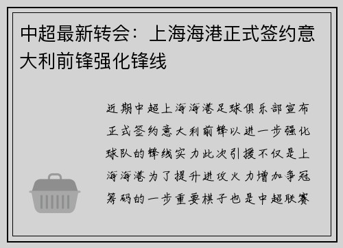 中超最新转会：上海海港正式签约意大利前锋强化锋线
